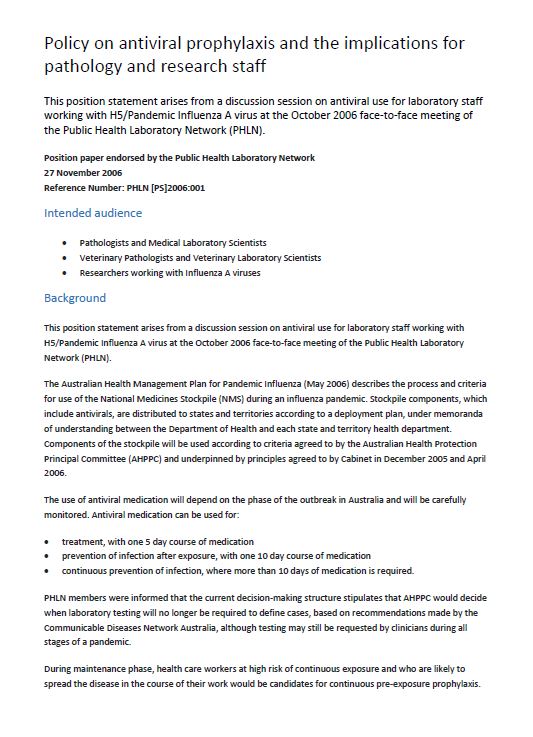 Cover image for Policy on antiviral prophylaxis and the implications for pathology and research staff