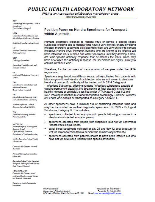 Cover image for PHLN Position Paper on Hendra Specimens for Transport within Australia