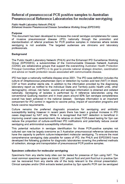 Cover image for PHLN Referral of Pneumococcal PCR Positive Samples to Australian Pneumococcal Reference Laboratories for Molecular Serotyping