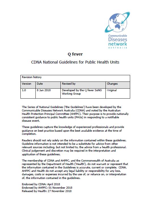 Cover image for CDNA National Guidelines – Q Fever