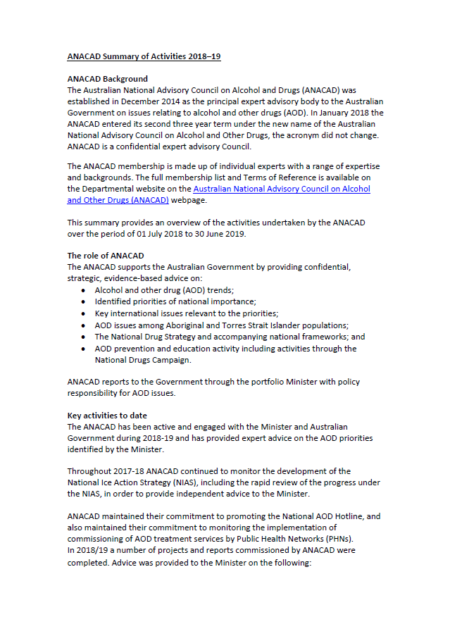 Cover image for ANACAD summary of activities 2018–19