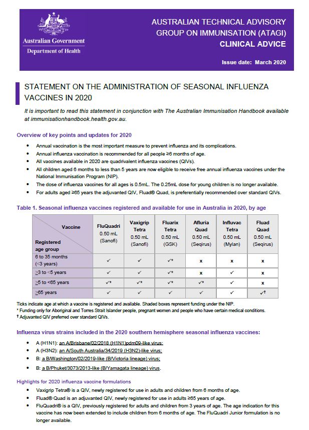 ATAGI advice on seasonal influenza vaccines in 2020