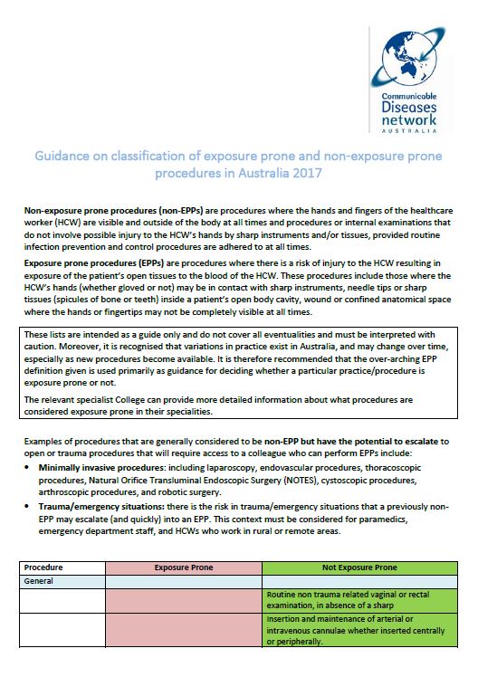 Cover image for Guidance on classification of exposure prone and non-exposure prone procedures in Australia 2017