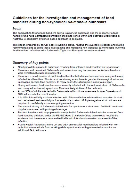 Cover image for CDNA Guidelines for the Investigation and Management of Food Handlers during Non-typhoidal Salmonella Outbreaks