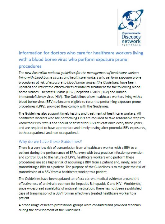 Cover image for CDNA Guidelines – Information for Doctors who Care for Healthcare Workers Living with a Blood Borne Virus who Perform Exposure Prone Procedures