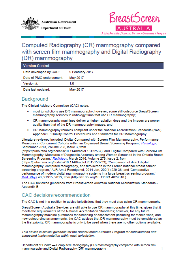 Cover image for Computed Radiography (CR) mammography compared with screen film mammography and Digital Radiography (DR) mammography