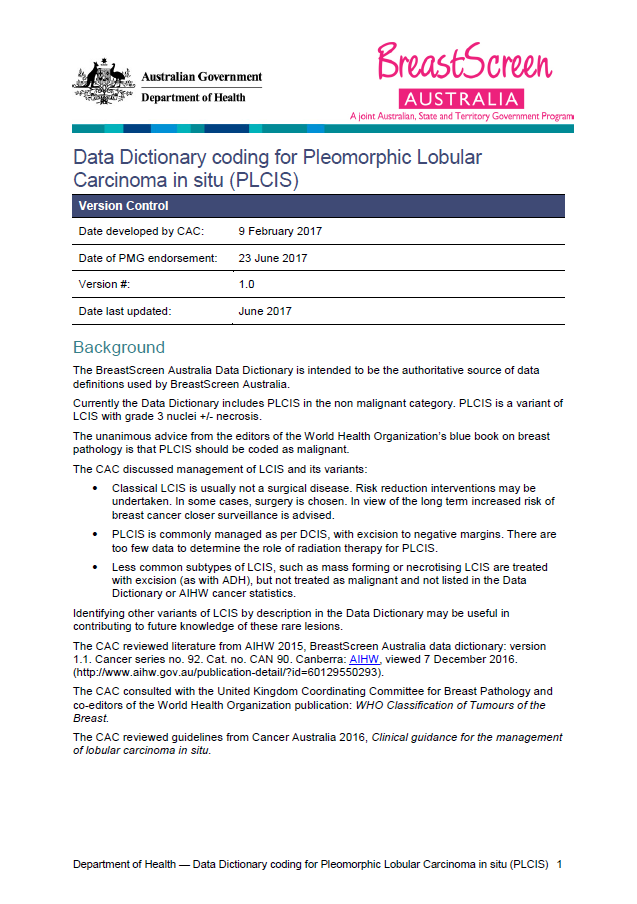 Cover image for Data Dictionary coding for Pleomorphic Lobular Carcinoma in situ (PLCIS)