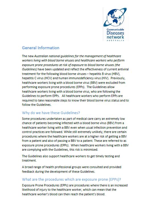 Cover image for fact sheet about the CDNA National Guidelines for the Management of Healthcare Workers Living with Blood Borne Viruses and Healthcare Workers who Perform Exposure Prone Procedures