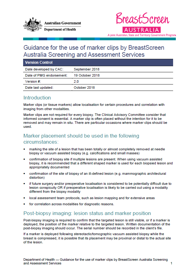 Cover image for Guidance for the use of marker clips by BreastScreen Australia Screening and Assessment Services
