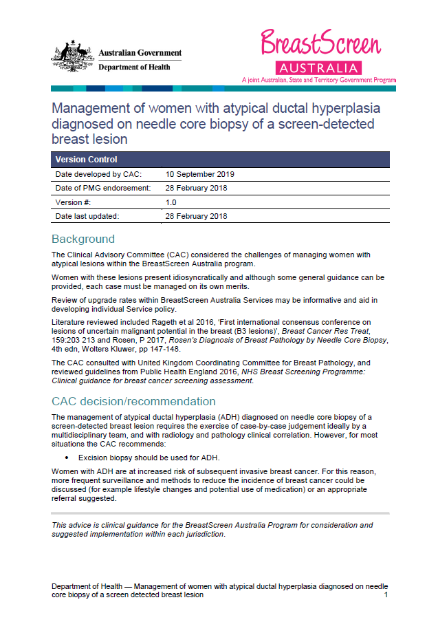 Cover image for Management of women with atypical ductal hyperplasia (ADH) diagnosed on needle core biopsy of a screen-detected breast lesion