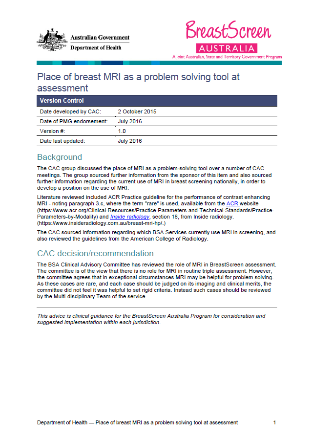 Cover image for Place of breast MRI as a problem solving tool at assessment