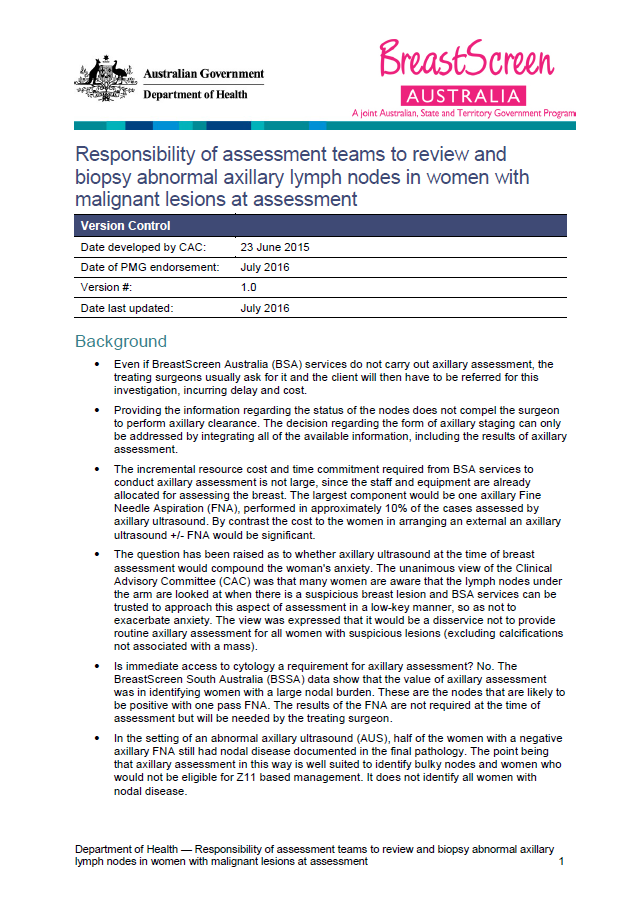 Cover image for Responsibility of assessment teams to review and biopsy abnormal axillary lymph nodes in women with malignant lesions at assessment