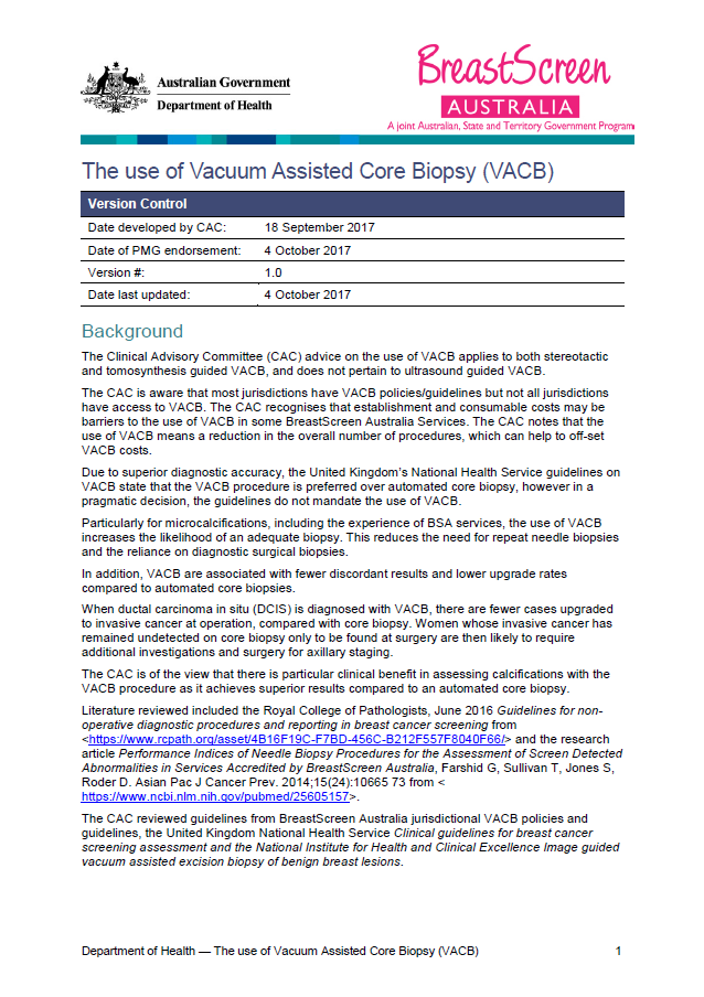 Cover image for The use of Vacuum Assisted Core Biopsy (VACB)