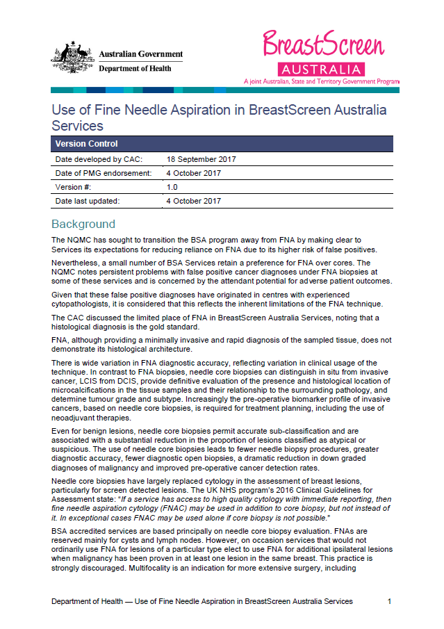 Cover image for Use of Fine Needle Aspiration in BreastScreen Australia Services
