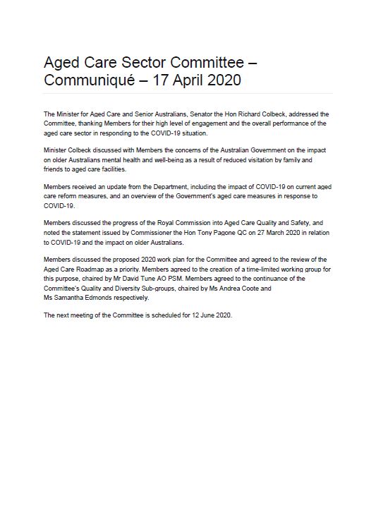 Cover image for Aged Care Sector Communique 17 April 2020