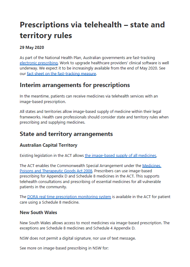 Prescriptions via telehealth state and territory rules Australian