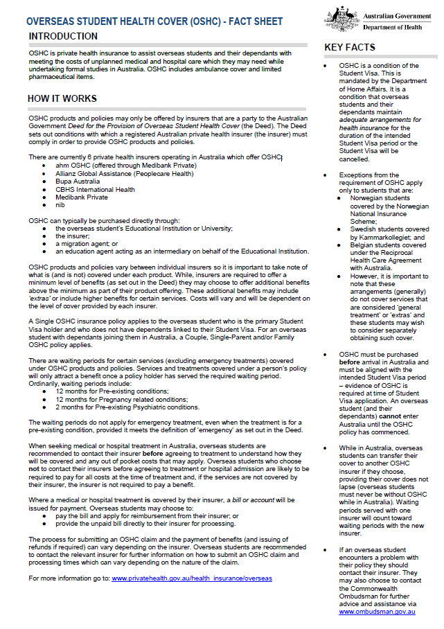 Overseas Student Health Cover (OSHC) Fact Sheet