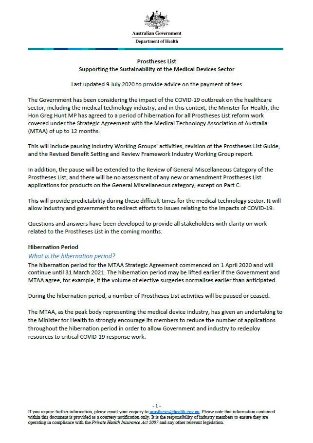 Hibernation of Agreement with the Medical Technology Association of Australia (MTAA)