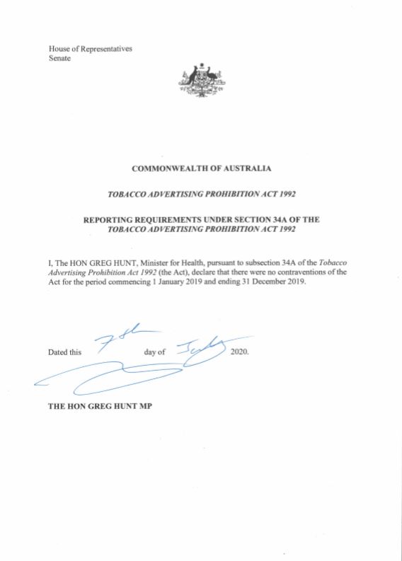 Reporting Requirements under Section 34A of the Tobacco Advertising Prohibition Act 1992 (1 January–31 December 2019)