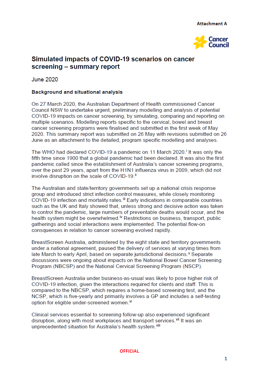 Simulated impacts of COVID-19 scenarios on cancer screening – summary report