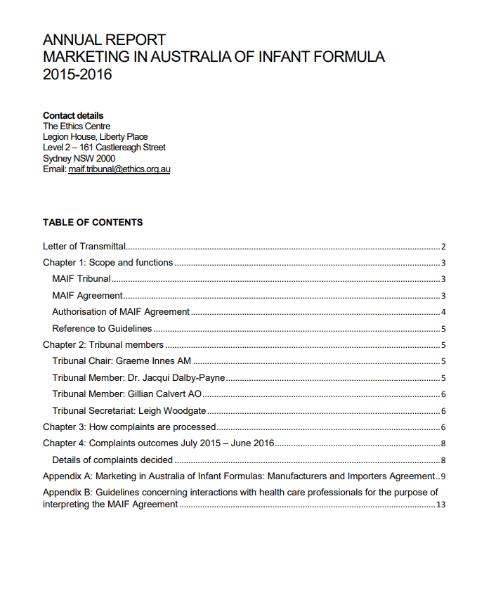 Annual Report of the Marketing in Australia of Infant Formula Tribunal 2015 - 2016