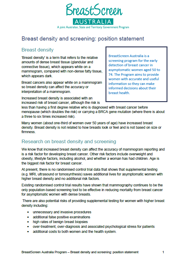 BreastScreen Australia – 2020 position statement on breast density and screening