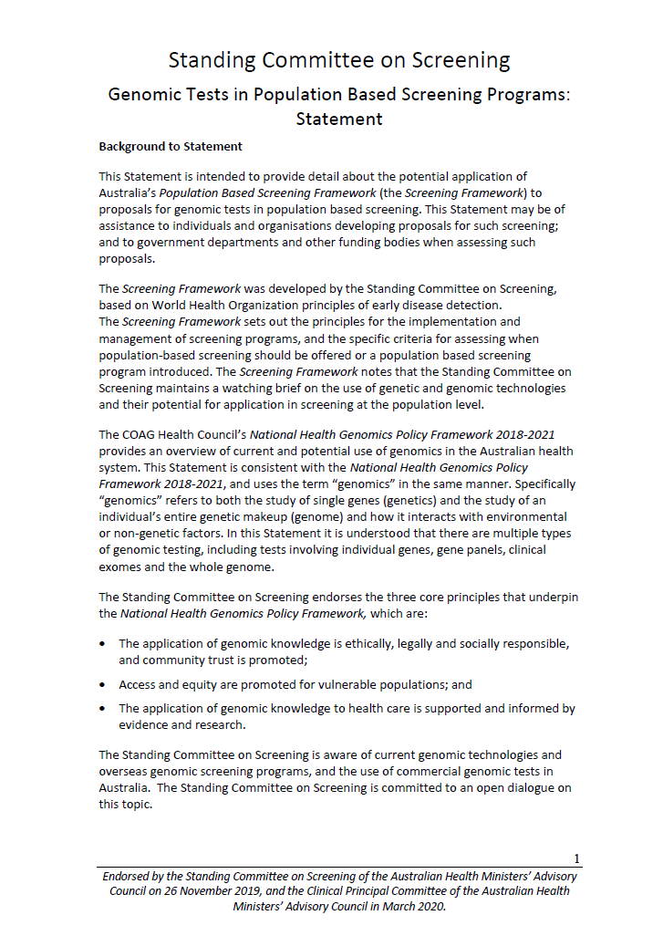 Genomic tests in population-based screening programs – position statement