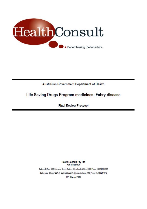 Cover image of Life Saving Drugs Program – Fabry disease – Medicines review protocol