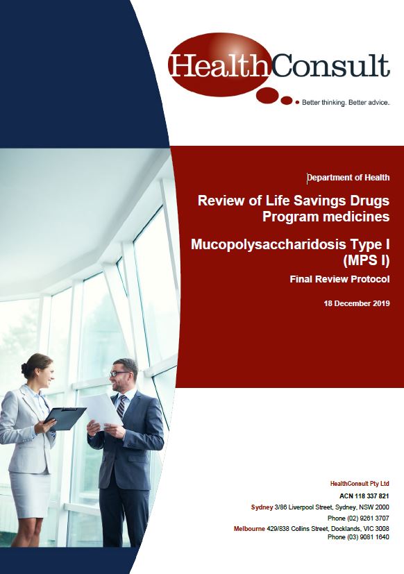 Cover of Life Saving Drugs Program – Mucopolysaccharidosis type I (MPS I) – Medicines review protocol