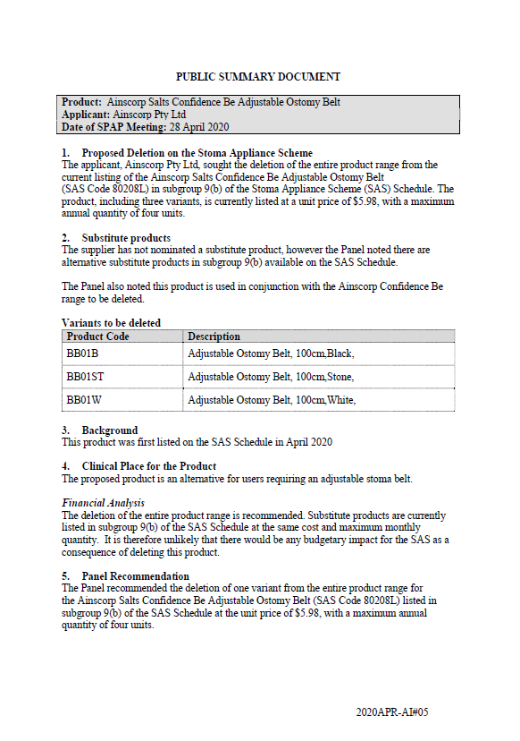 Cover image for SPAP public summary documents – April 2020 – Ainscorp Salts Confidence Be adjustable ostomy belt