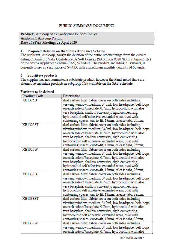 Cover image for Stoma Product Assessment Panel public summary documents – April 2020 – Ainscorp Salts Confidence Be Soft Convex