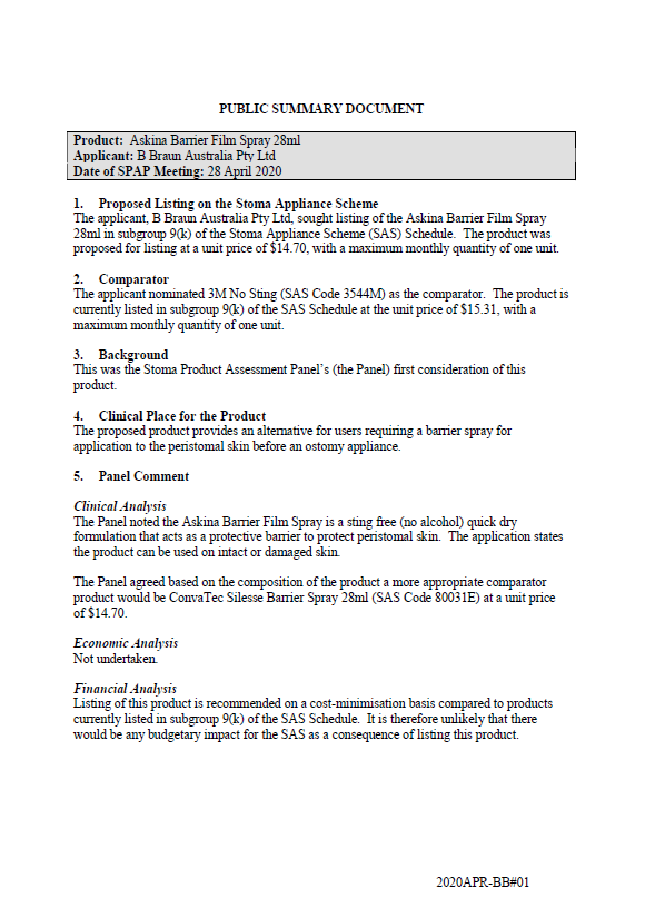 Cover image for Stoma Product Assessment Panel public summary documents – April 2020 – B Braun Askina Barrier Film Spray 28ml