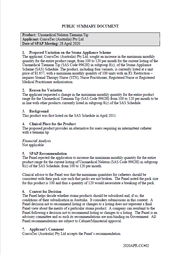Cover image for SPAP public summary documents – April 2020 – ConvaTec Unomedical Nelaton Tiemann Tip