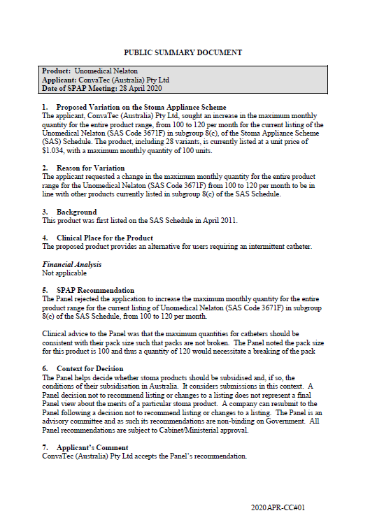 Cover image for SPAP public summary documents – April 2020 – ConvaTec Unomedical Nelaton