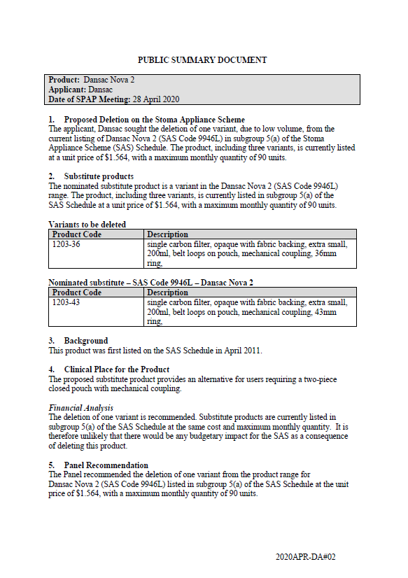 Cover image for SPAP public summary documents – April 2020 – Dansac Nova 2