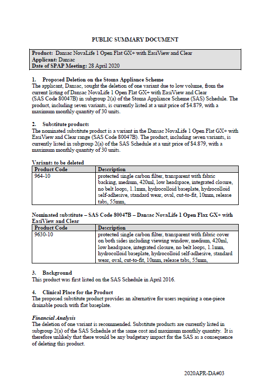 Cover image for SPAP public summary documents – April 2020 – Dansac NovaLife 1 Open Flat GX+ with EasiView and Clear