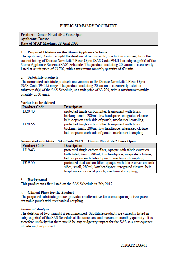 Cover image for SPAP public summary documents – April 2020 – Dansac Novalife two-piece open pouch