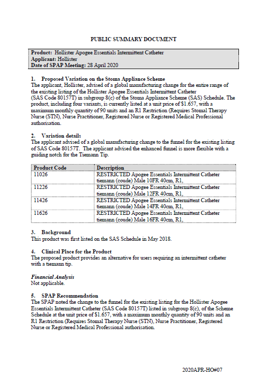 Cover image for SPAP public summary documents – April 2020 – Hollister Apogee Essentials Intermittent Catheter 