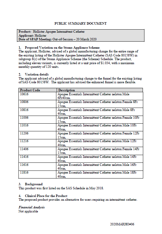 Cover image for SPAP public summary documents – April 2020 – Hollister Apogee Intermittent Catheter variation