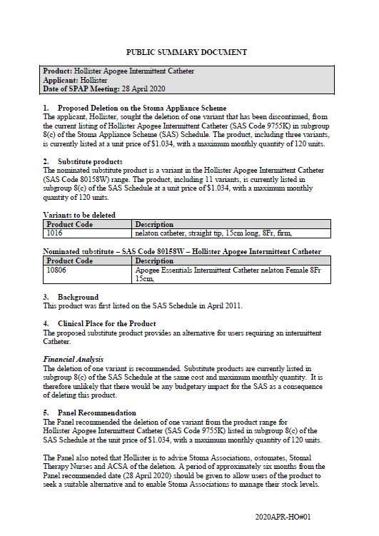 Cover image for SPAP public summary documents – April 2020 – Hollister Apogee Intermittent Catheter