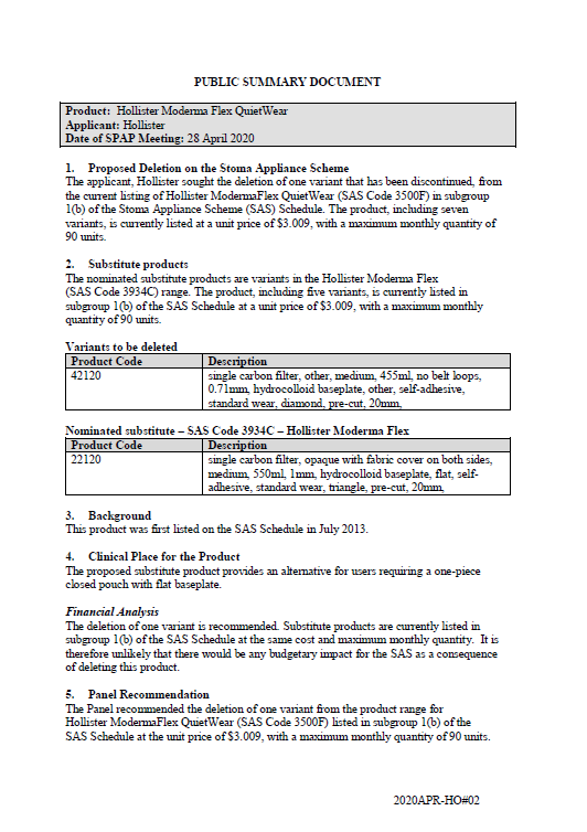 Cover image for SPAP public summary documents – April 2020 – Hollister Moderma Flex QuietWear