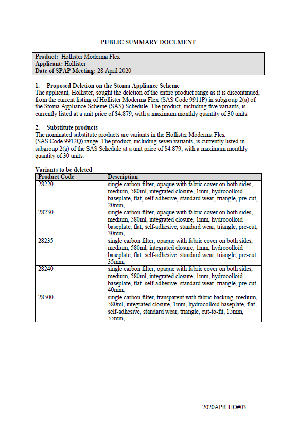 Cover image for SPAP public summary documents – April 2020 – Hollister Moderma Flex one-piece drainable pouch with flat baseplate