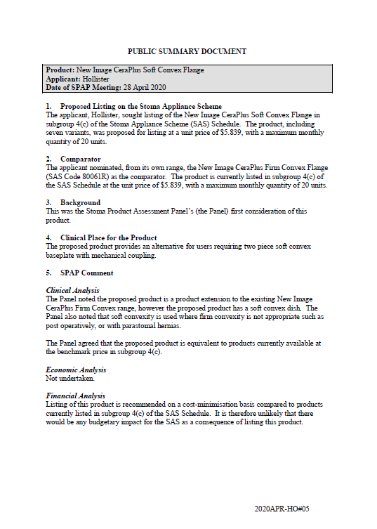 Cover image for SPAP public summary documents – April 2020 – Hollister New Image CeraPlus Soft Convex Flange