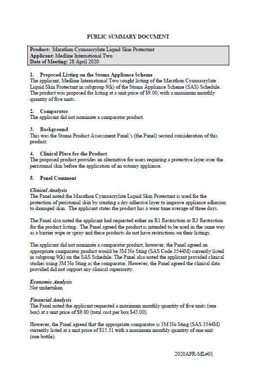 Cover image for SPAP public summary documents – April 2020 – Medline Marathon Cyanoacrylate Liquid Skin Protectant