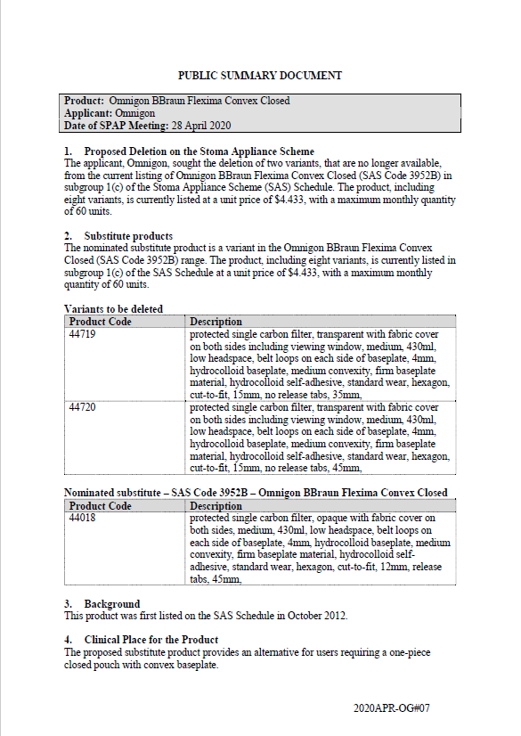 Cover image for SPAP public summary documents – April 2020 – Omnigon B Braun Flexima Convex Closed