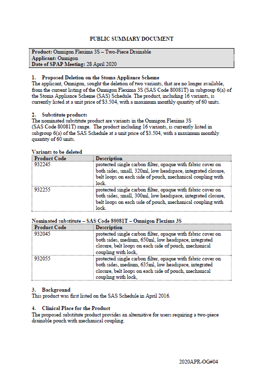 Cover image for SPAP public summary documents – April 2020 – Omnigon Flexima 3S two-piece drainable pouch