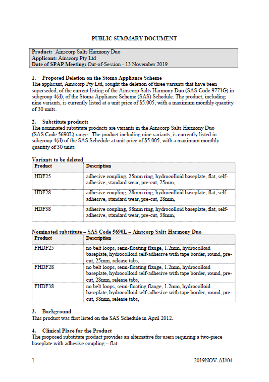 Cover image for SPAP public summary documents – November 2019 – Ainscorp Salts Harmony Duo