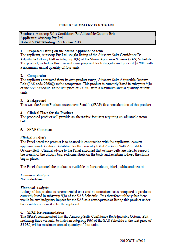 Cover image for SPAP public summary documents – October 2019 – Ainscorp Confidence Be Adjustable Ostomy Belt