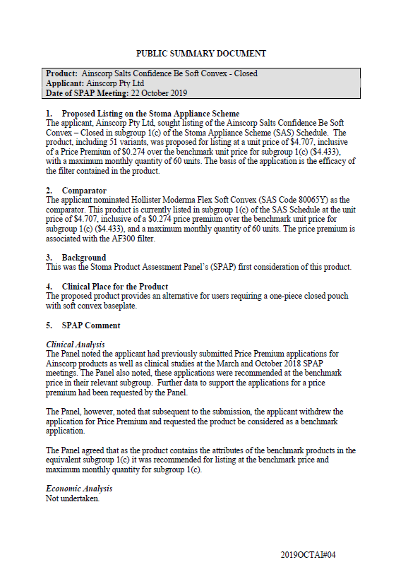 Cover image for SPAP public summary documents – October 2019 – Ainscorp Confidence Be Soft Convex Closed