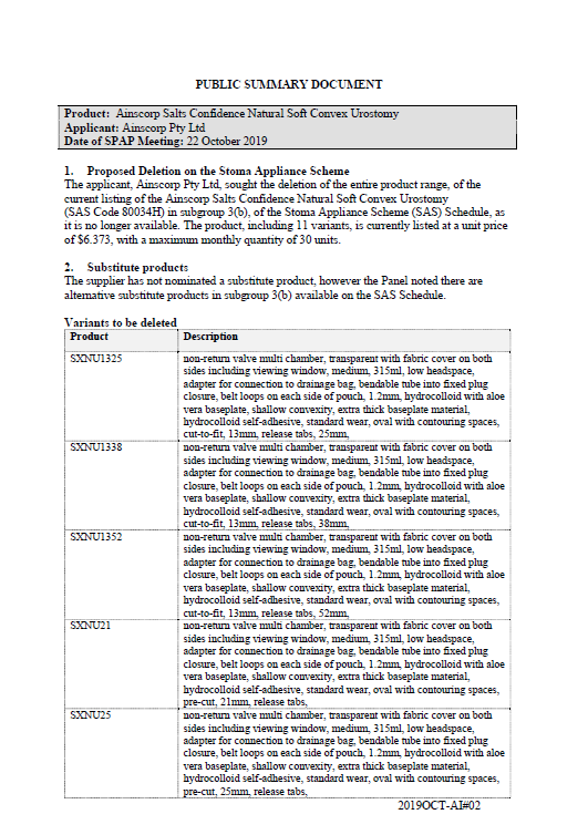 Cover image for SPAP public summary documents – October 2019 – Ainscorp Confidence Natural Soft Convex Urostomy